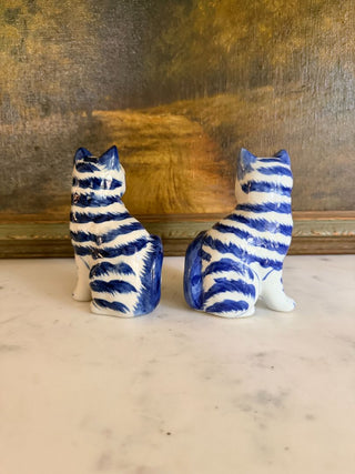 Set of 2 Blue & White Striped Cat Figurines