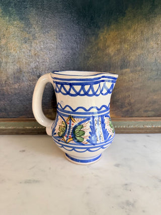 Hand-Painted Spanish Pitcher w/ Classic Cobalt & Green Floral Banding