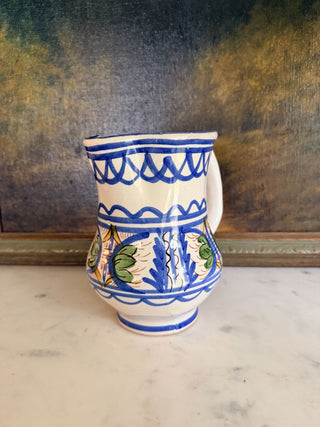 Hand-Painted Spanish Pitcher w/ Classic Cobalt & Green Floral Banding