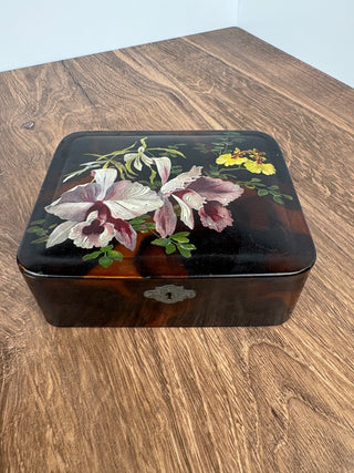 Vintage Floral Painted Tortoise Tone Box