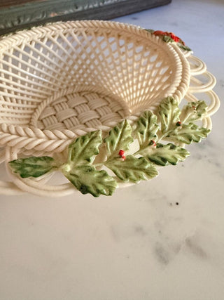 Belleek Poinsettia & Holly Woven Porcelain Basket