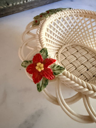 Belleek Poinsettia & Holly Woven Porcelain Basket