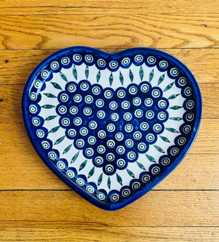 Polish Pottery Heart Platter - Peacock Pattern