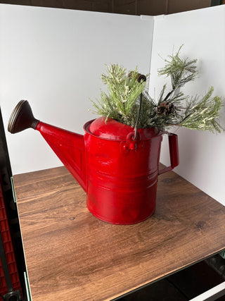 Vintage Red Galvanized Watering Can With Brass Spout & Ghristmas Greens