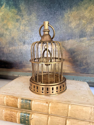 Miniature Brass Birdcage w/ Swinging Bird on Perch