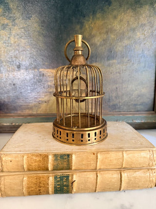 Miniature Brass Birdcage w/ Swinging Bird on Perch