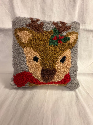 Hooked Wool Reindeer Pillow