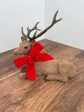 Vintage Flocked Deer w Red Bow