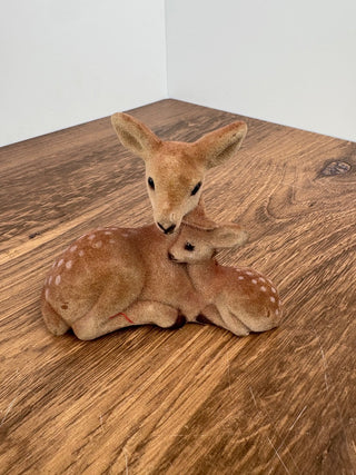Vintage Flocked Deer with Fawn