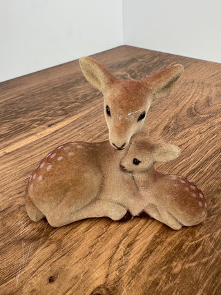 Vintage Flocked Deer with Fawn