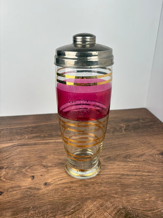 Vintage Cranberry Glass & Gold Striped Cocktail Shaker