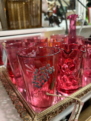 Set of 11 Hand Painted Cranberry Glass