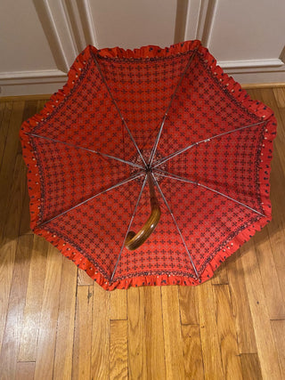 Vintage Red Umbrella w\Ruffles and wood handle