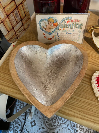 Wood Heart Tray w\Silver Finish Interior