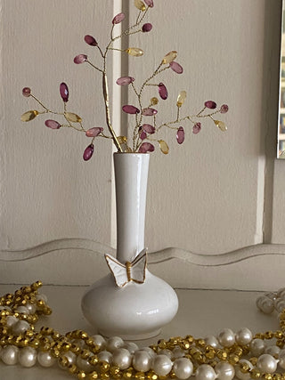 White Porcelain Bud Vase w/raised butterfly & beaded leaves