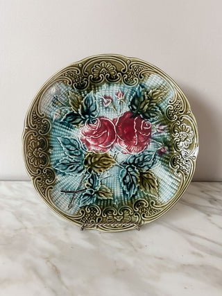 10" Wasmuel Majolica Plate w/ Pink Rose Design