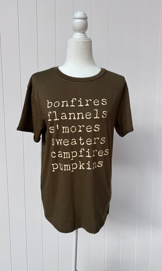 Bonfires, Flannels, Pumpkins Tee - Medium