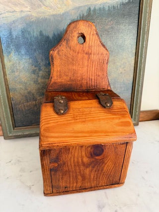 Antique Wall-Mounted Wooden Salt Box w/ Leather Hinged Lid