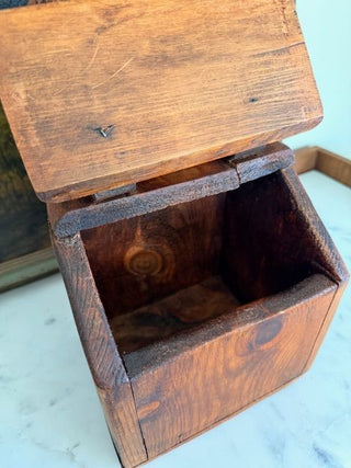 Antique Wall-Mounted Wooden Salt Box w/ Leather Hinged Lid