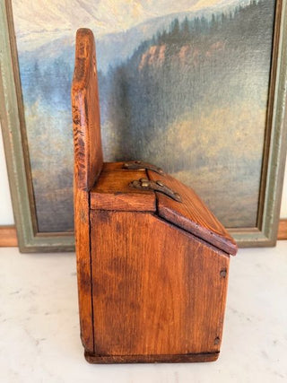 Antique Wall-Mounted Wooden Salt Box w/ Leather Hinged Lid