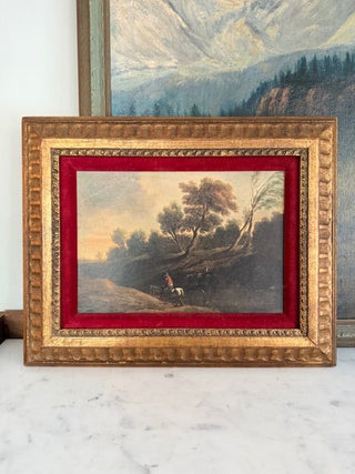 European Pastoral Landscape Reproduction Print in Ornate Frame w/ Red Velvet Border