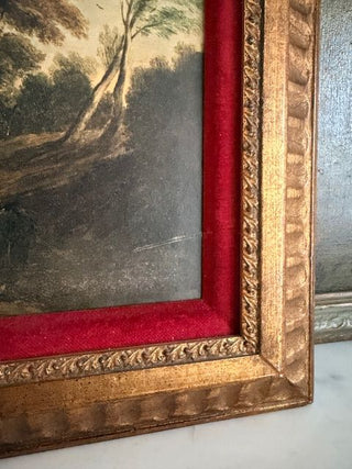 European Pastoral Landscape Reproduction Print in Ornate Frame w/ Red Velvet Border