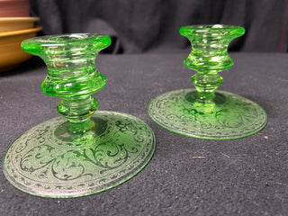 Green Candlestick Holders-Dep. Glass