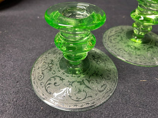 Green Candlestick Holders-Dep. Glass
