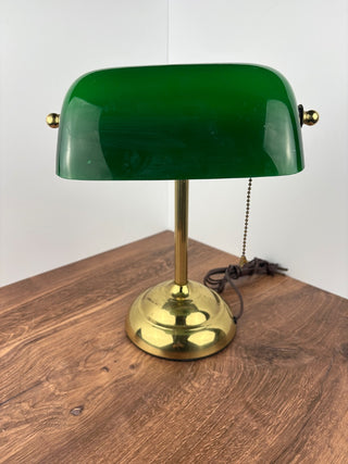 Brass Bankers Lamp with Green Glass Shade