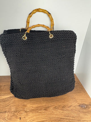 Mersea Black Crocheted  Faux Bamboo Handles Purse/ Tote