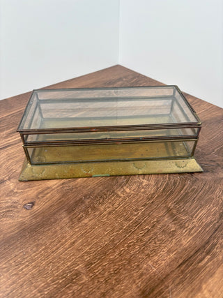 Vintage Glass & Brass Panel Dual Storage Desk Top Box with Brass Base