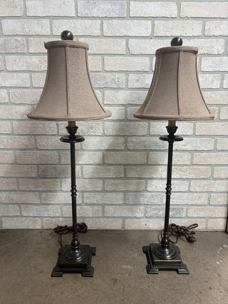 Pair Bronzetone Metal Buffet Lamps with Taupe Shades