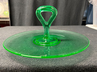 Green Glass Round Serving Plate w/handle