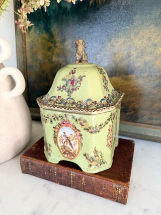 Chinese Porcelain Lidded Box w/ Brass Dog Finial