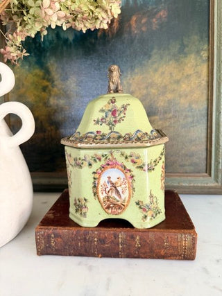 Chinese Porcelain Lidded Box w/ Brass Dog Finial