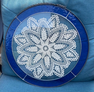 Vtg Stained Glass Framed Doily Window Hanging-FIRM