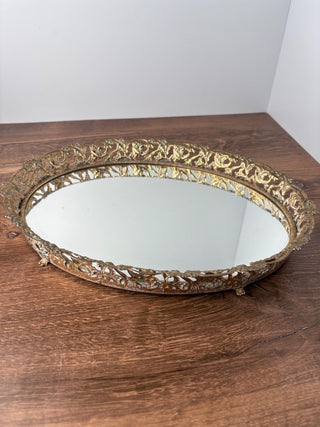 Gold Footed Scalloped Floral Edge Mirrored Vanity Tray