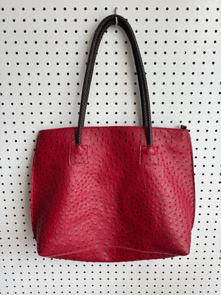 Red Ostrich Faux Leather Zippered Purse/Tote with Brown Braided Rolled Handles ((New)