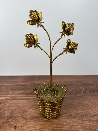 Vintage  Brass 4 Stem Roses in Basket