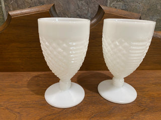 Set of Two Diamond Beveled Milk Glass Noble Goblets