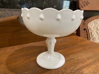 Indiana Milk Glass Pedestal Bowl Tear Drop Scallop Edge