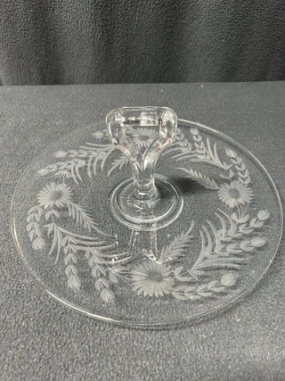 Etched Clear Glass Serving Dish w/Handle