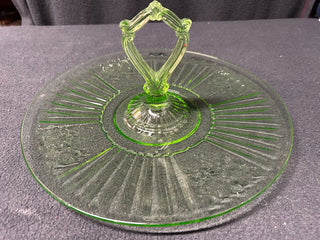 Green-handled Round Depression Glass Serving Dish
