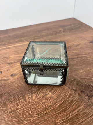 Beveled Paneled Glass Footed Trinket Box (monogrammed J)