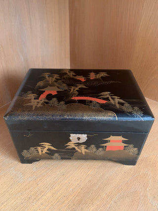 Vintage M&M Japan Musical Black Lacquer Jewelry Box 8.5 inches x 6 inches x 5 inches high