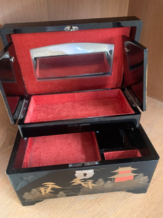 Vintage M&M Japan Musical Black Lacquer Jewelry Box 8.5 inches x 6 inches x 5 inches high
