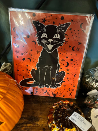 Vintage Halloween Cat On Orange Print