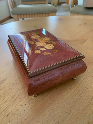 Vintage San Francisco Music Box Company Floral Inlaid Wooden Jewelry Music Box