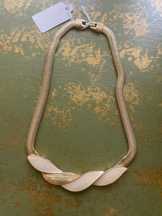 Trifari Beige Enamel Necklace-1980-Gold-Herringbone Chain
