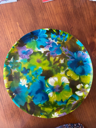 Vtg Round Blue Floral Serving Tray-Fiberglass